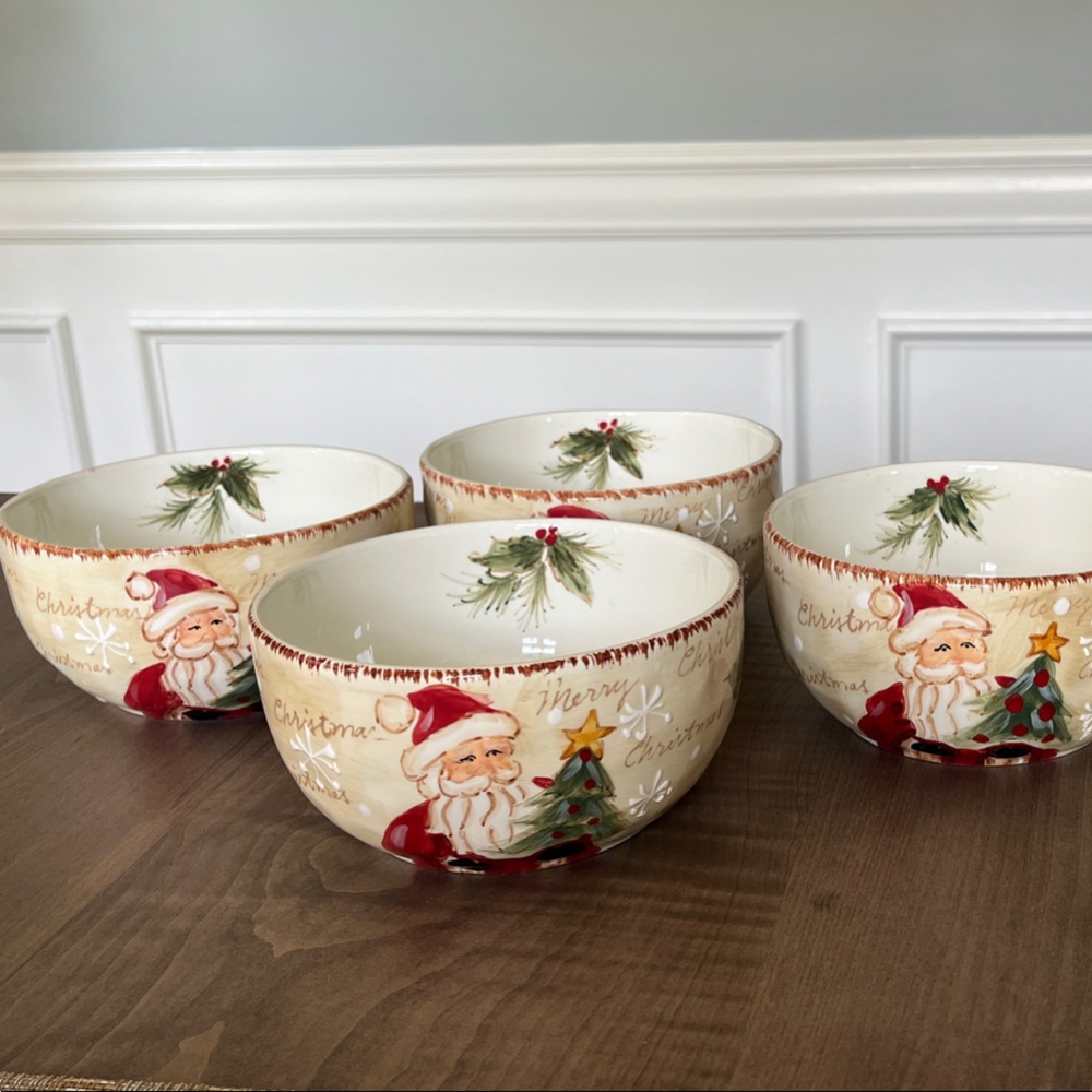 Maxcera Woodland Santa Ceramic Holiday Bowl set of 4 - Cream Red Design